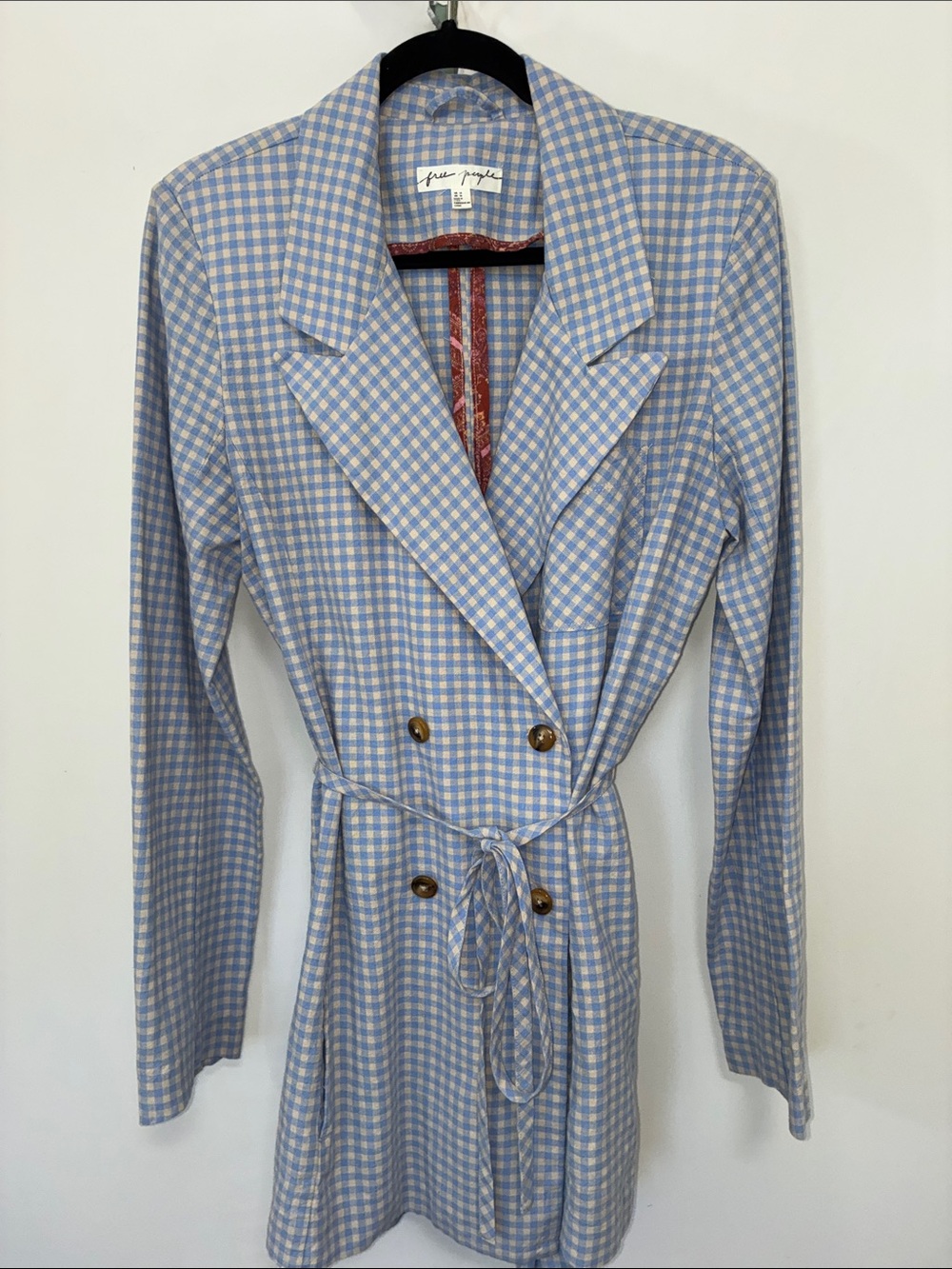 Free People Light Blue Gingham Double-Breasted Belted Coat Romber 12